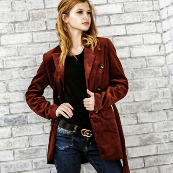 Amber Brown Belted Cord Trench Coat Jacket - Picture 2 of 8